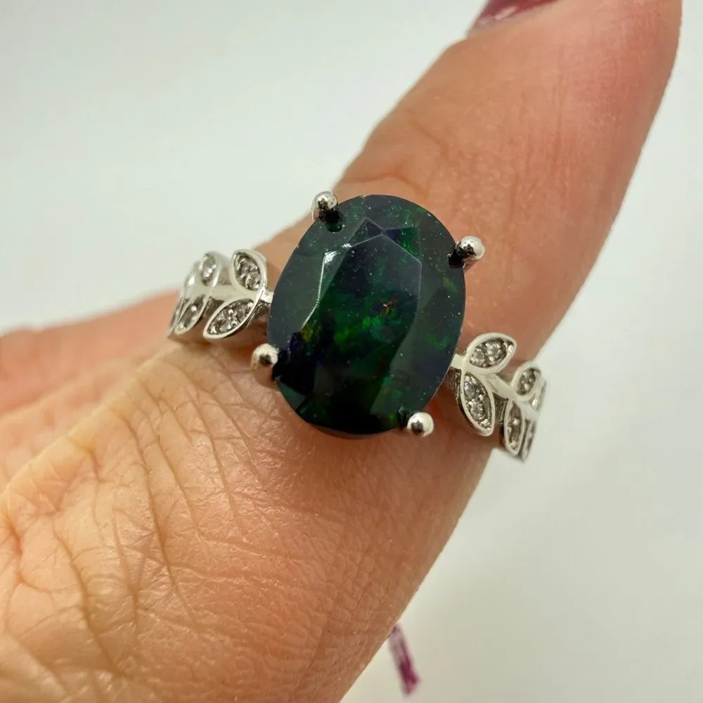 NWOT‎ 1.3ct genuine welo Opal w/ accent cz diamond adjustable ring in s925!